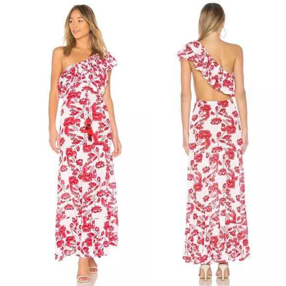 Lovers & Friends Amity Floral Maxi Dress‎ Ruffle One Shoulder White Red Sz XS - Picture 1 of 9